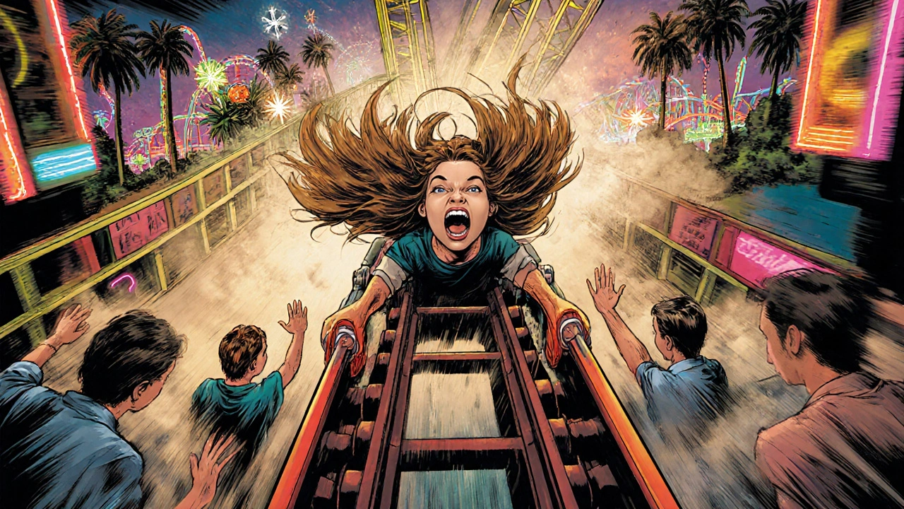 Teenager screaming on a high-speed roller coaster at Thorpe Park with motion blur and neon lights.