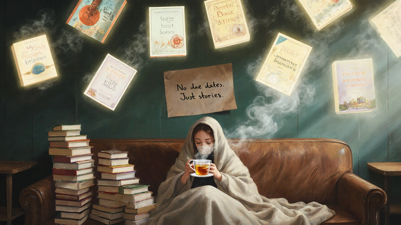 The Book Larder café where a reader relaxes with tea as glowing book covers float gently around them.
