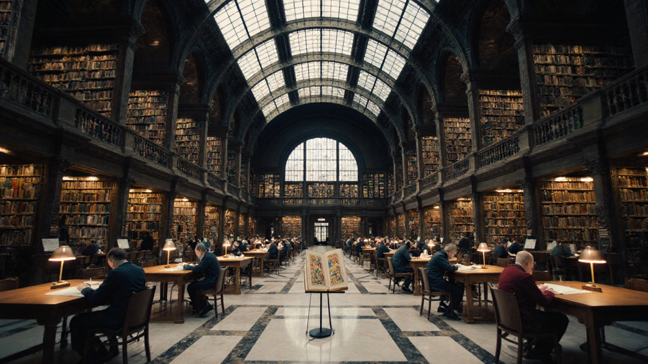 The grand, silent Reading Room of the British Library with high ceilings and rows of focused readers under warm lighting.