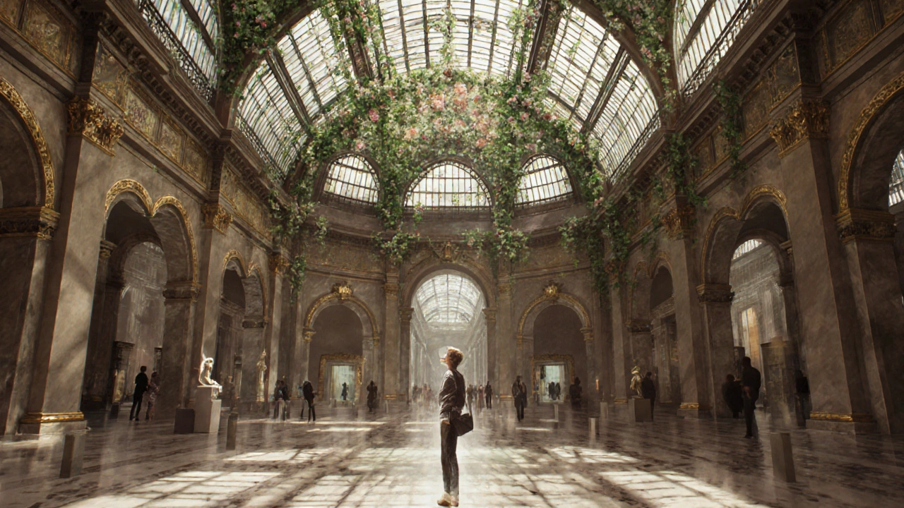 The ornate floral ceiling of the V&amp;A Museum&#039;s Hintze Hall, bathed in sunlight.