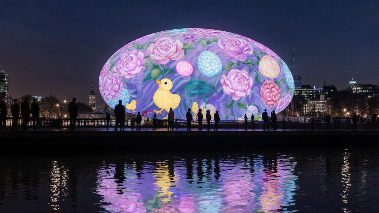 The Royal Festival Hall lit up with animated Easter egg projections at night over the Thames.