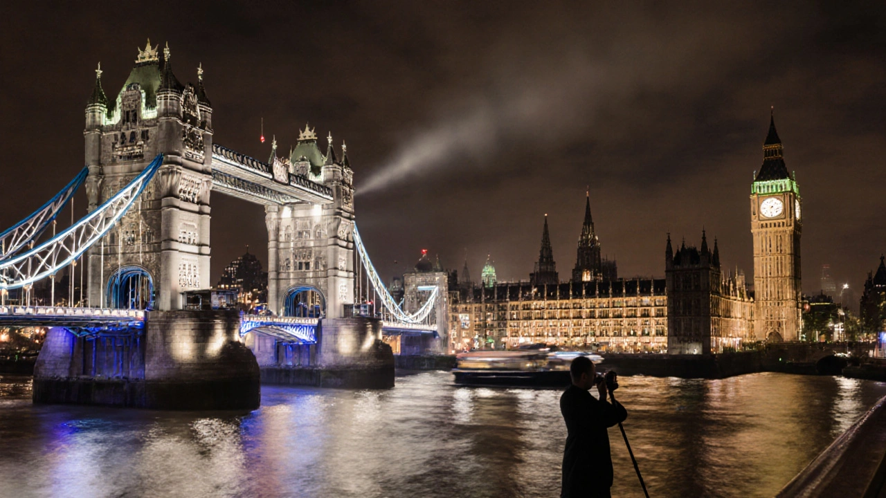 Tower Bridge lifted at night, illuminated in amber light, with boats passing below and festive lights along the riverbank.