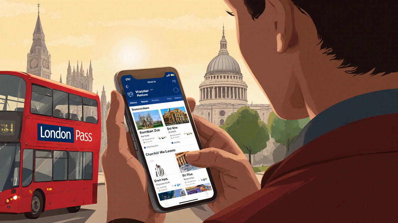 Traveler using London Pass app near hop-on-hop-off bus with historic landmarks in background.