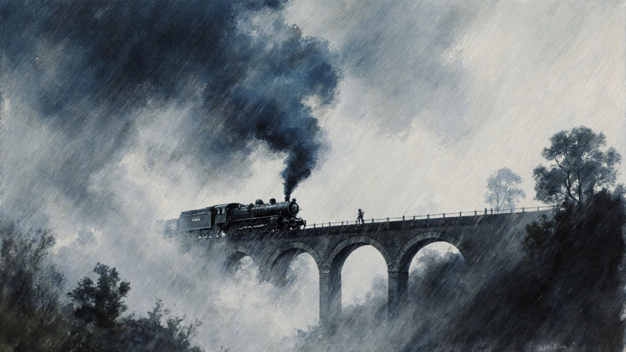 Turner&#039;s stormy train painting blending machine and nature in a blur of rain and steam.
