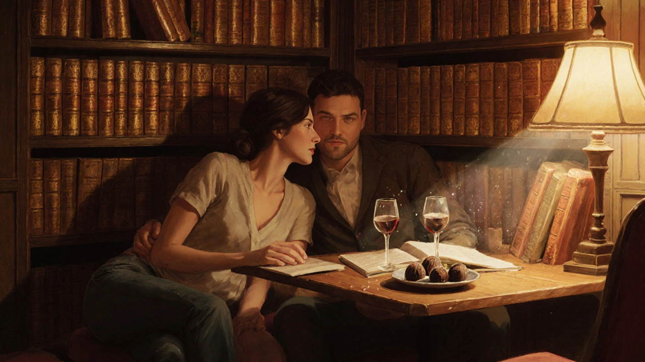 Two people reading and sharing wine among bookshelves in a warm, lamplit corner.