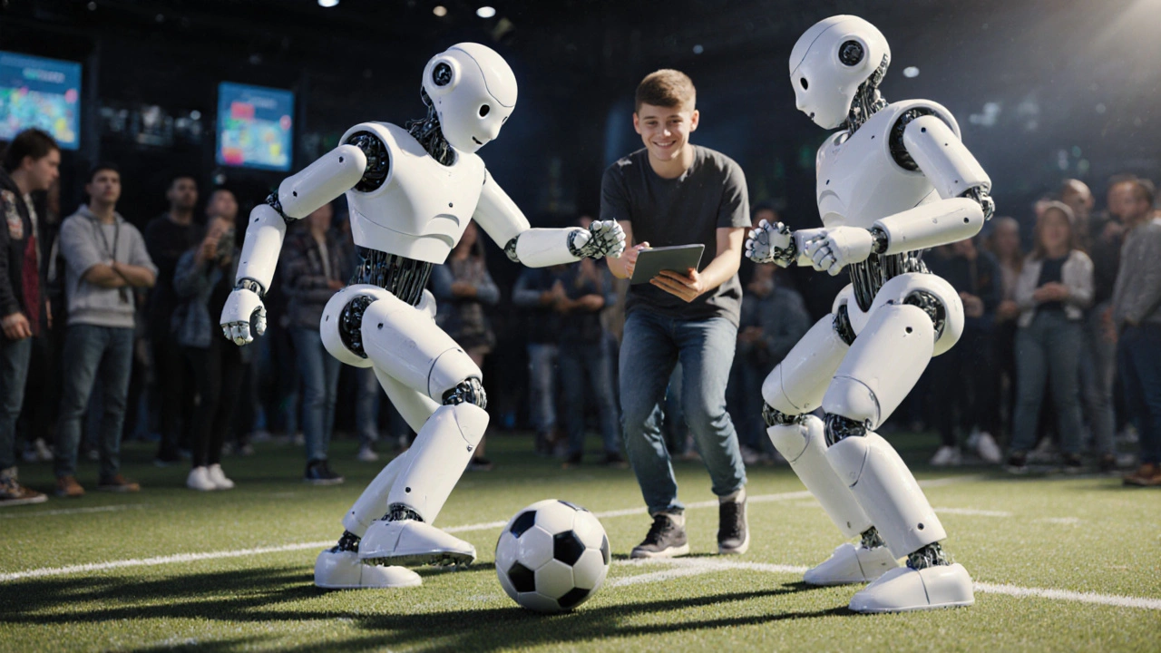Two robots playing soccer in the Robotics Arena, with a teenager adjusting controls on a tablet nearby.