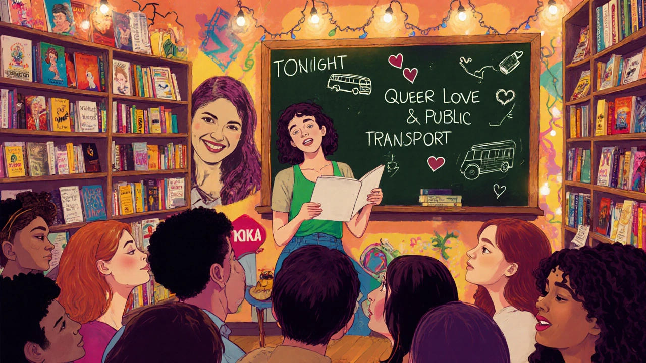 Vibrant Booka bookstore with a poet reading to a small, engaged audience amid zines and murals.