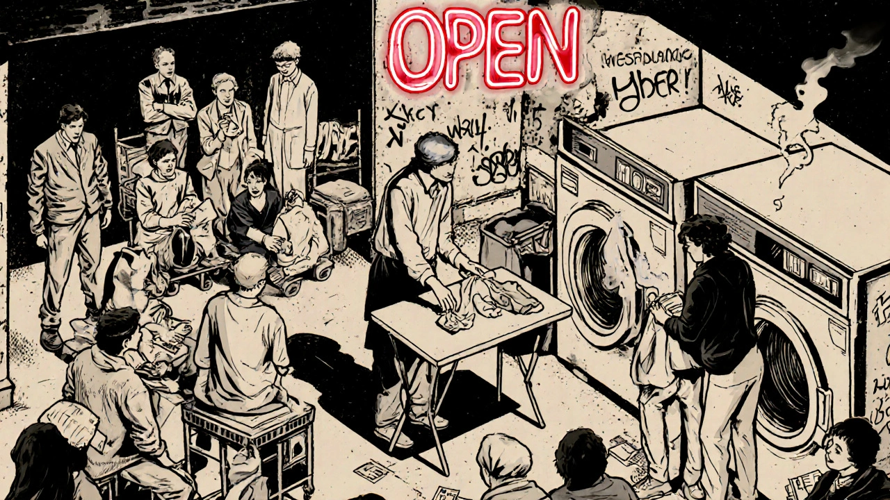 Vibrant comic-style scene of a pop-up fashion show in a disused laundrette with a crowd of curious attendees.