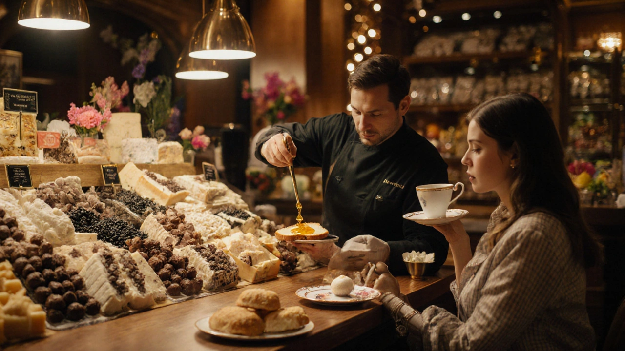 Vibrant Harrods Food Hall with gourmet treats, tea service, and warm lighting.