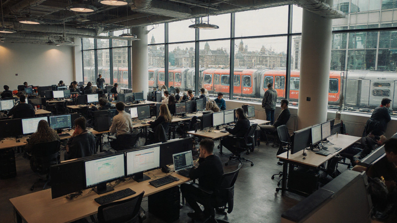 Vibrant open-plan co-working space at Workstation King’s Cross with desks overlooking a busy train station and rooftop terrace.