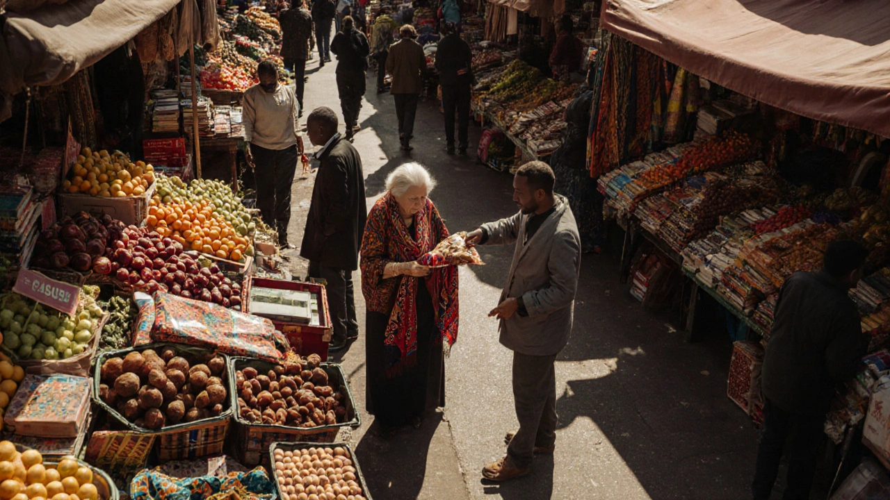 Vibrant outdoor market with fruit, books, and African prints, locals shopping in natural daylight.