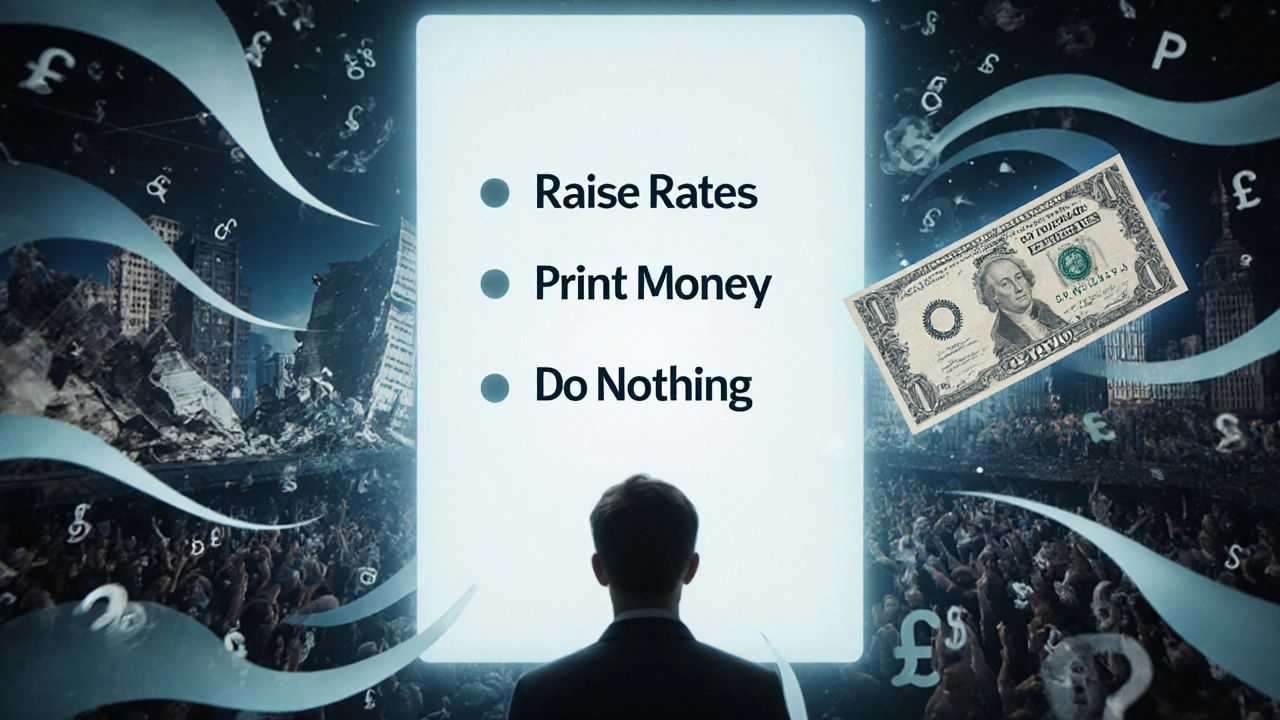 Visitor interacting with a financial crisis simulator displaying economic collapse options.