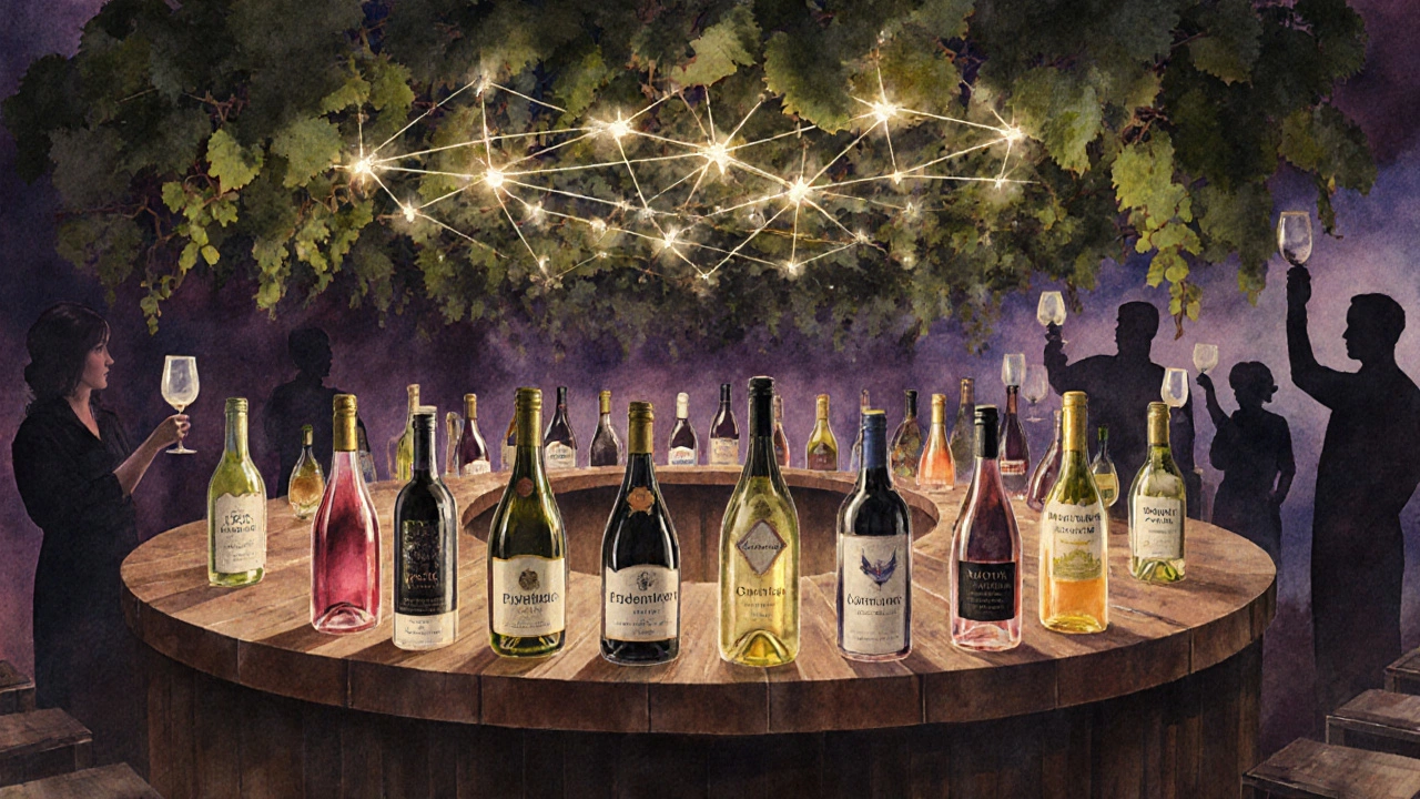 Watercolor concept of European wine bottles glowing like constellations at a wine club.