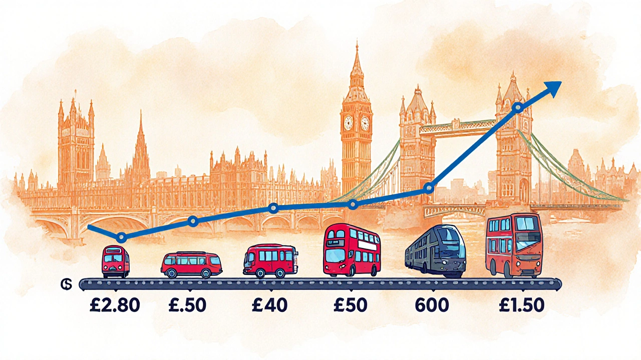 Weekly Oyster spending graph rising to £42.50 cap with transport icons over London skyline