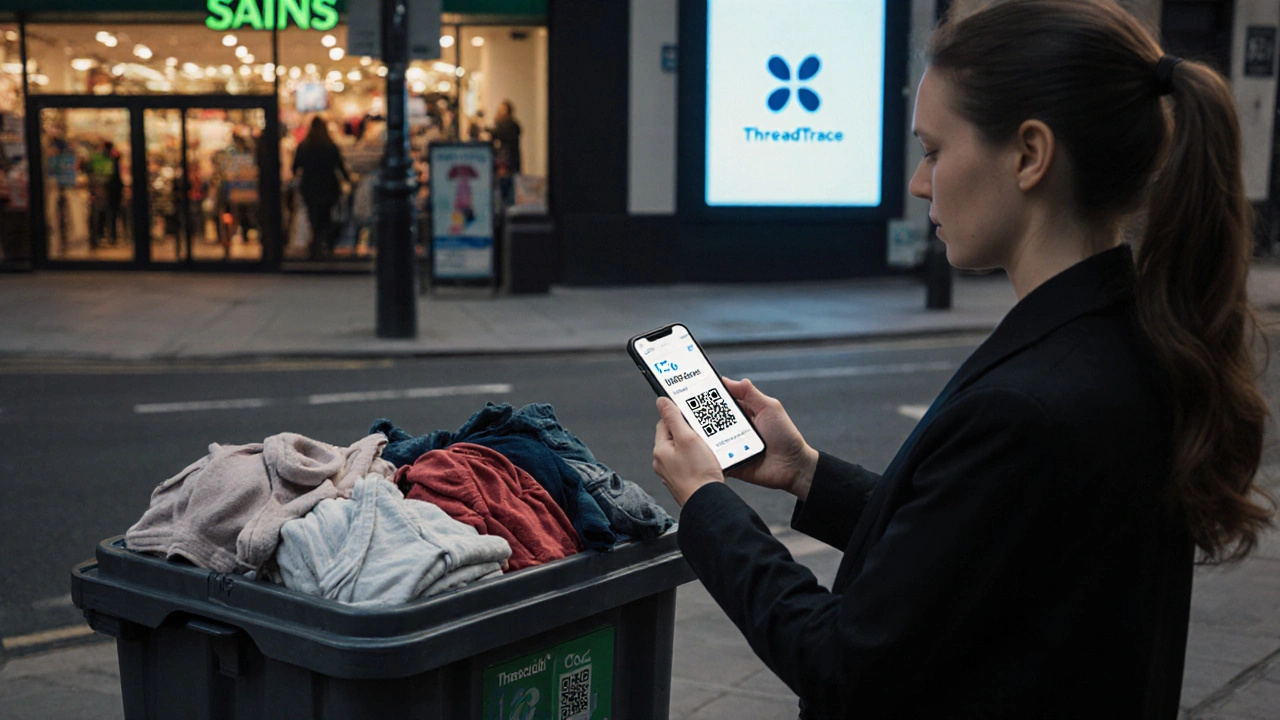 Woman scanning a garment&#039;s QR code to view its carbon footprint at a London textile recycling bin.