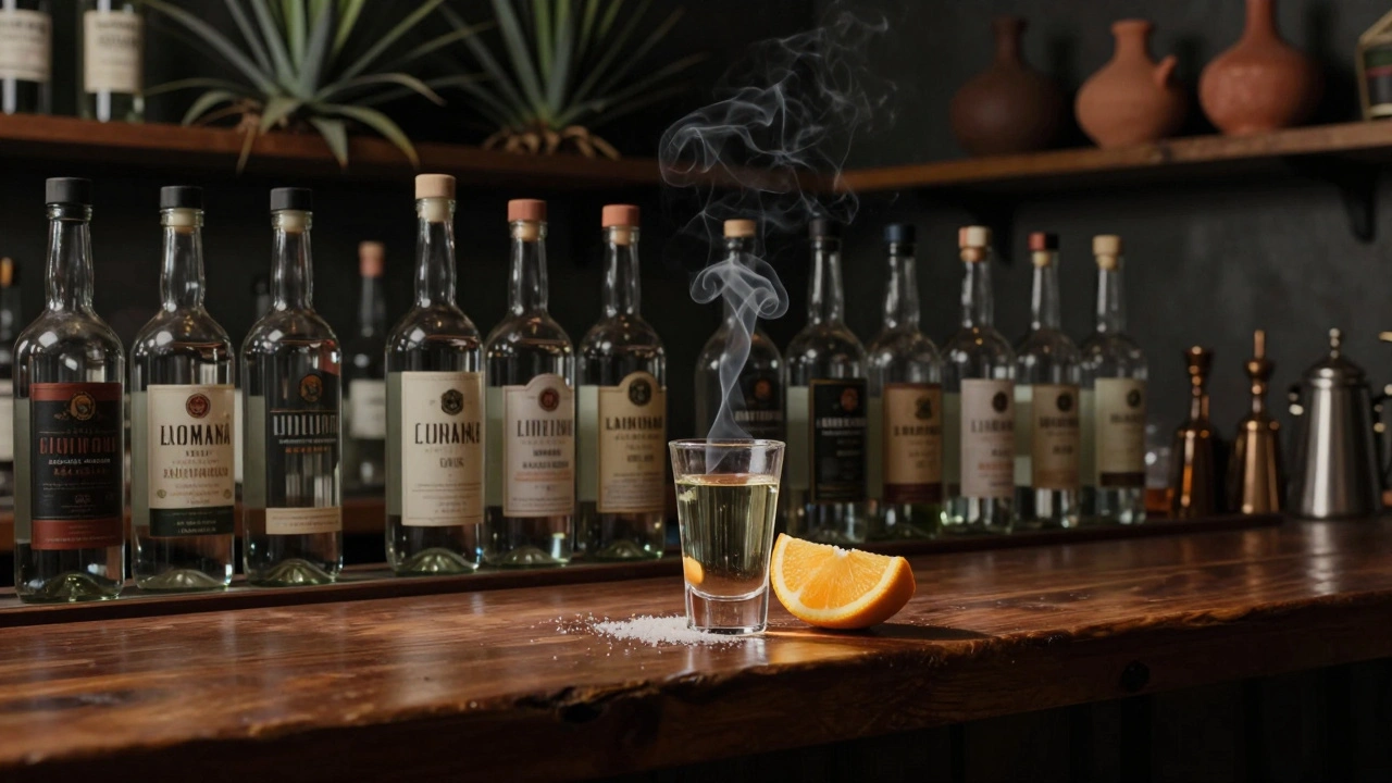 A dark, moody mezcal bar with bottles and a glass of smoky mezcal beside an orange dipped in worm salt.