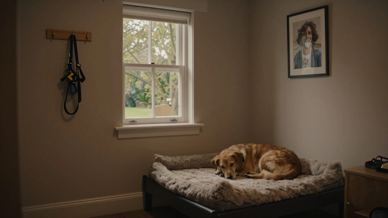 A dog resting peacefully in a private, tree-view boarding suite with no metal bars.