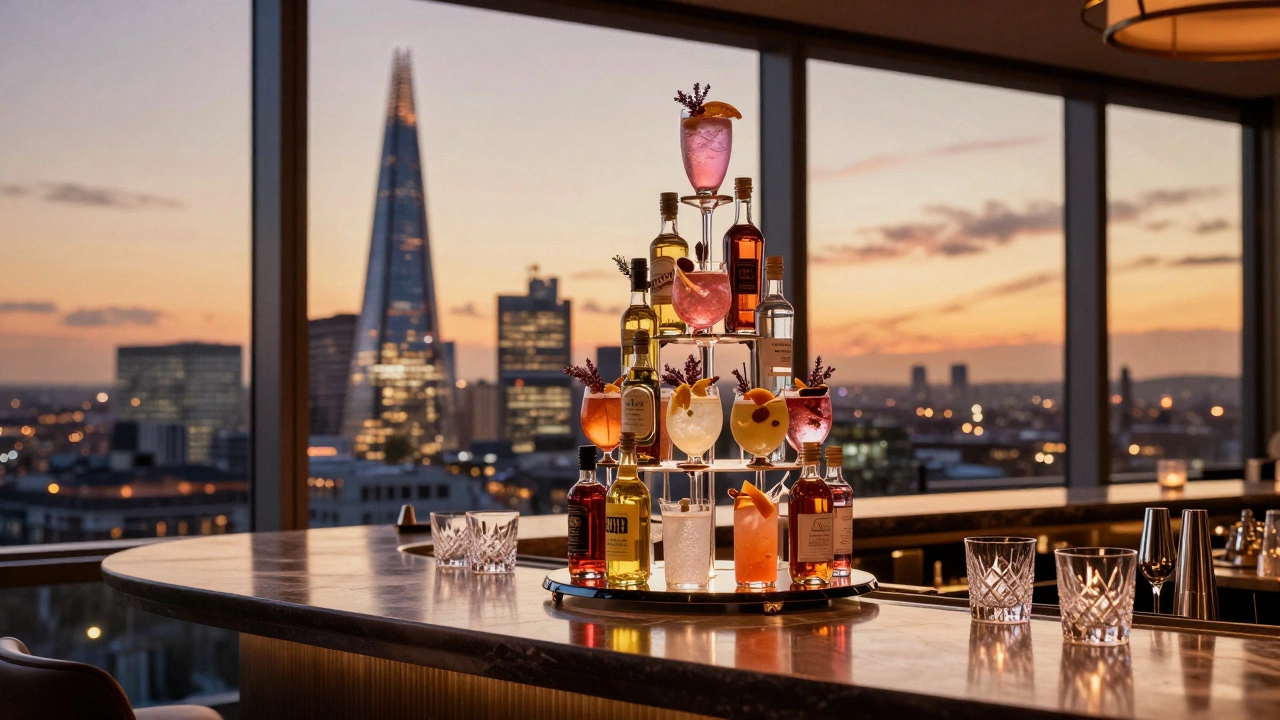 A high-rise bar at sunset with a stunning London skyline and a display of 20 unique gin and tonic pairings.