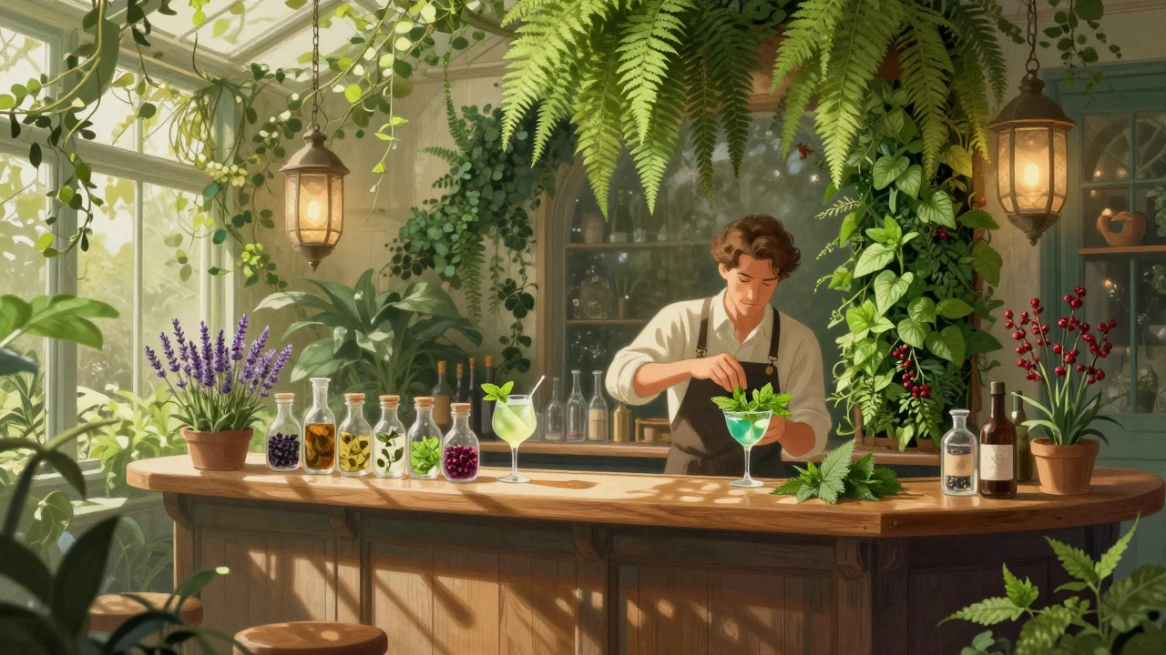 A lush, green bar filled with live herbs and hanging plants, where a bartender picks mint from the wall for a cocktail.