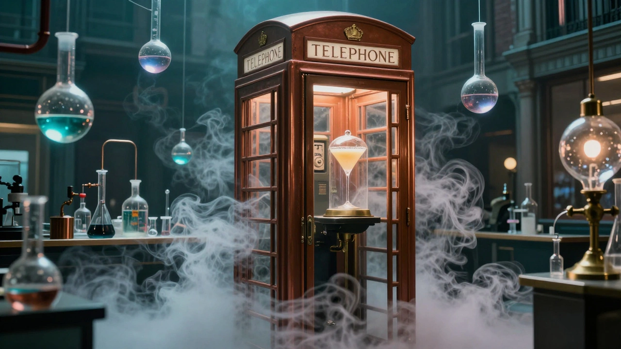 A magical phone booth transforming into a molecular cocktail laboratory with floating beakers and smoke.
