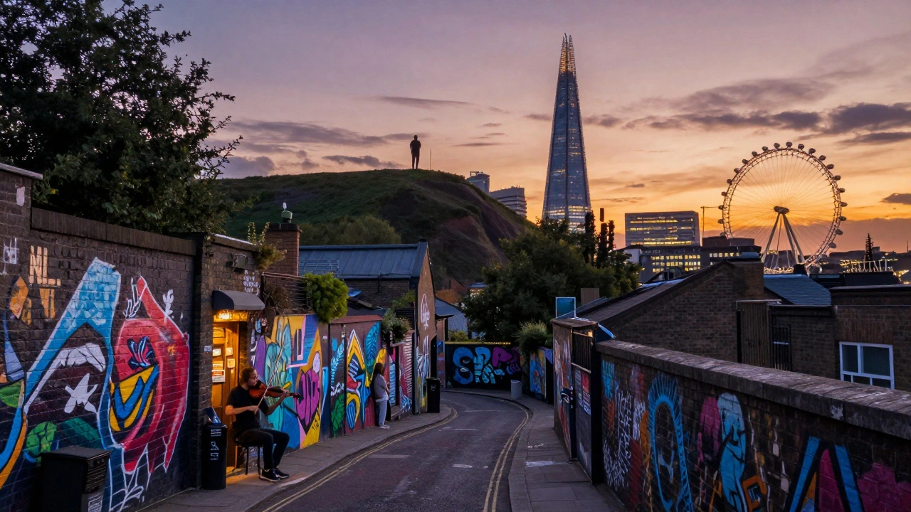 A path leading from colorful Camden alleys up to Primrose Hill with London’s skyline glowing in the distance.