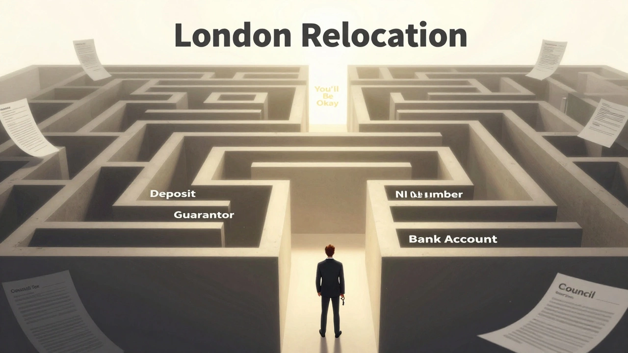 A person navigating a maze of relocation hurdles toward a faint hopeful exit.