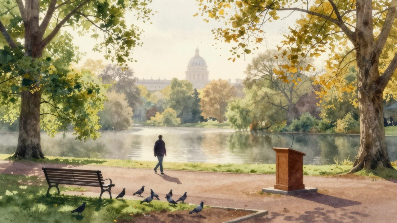 A quiet morning walk along Serpentine Lake in Hyde Park, with trees and pigeons nearby.