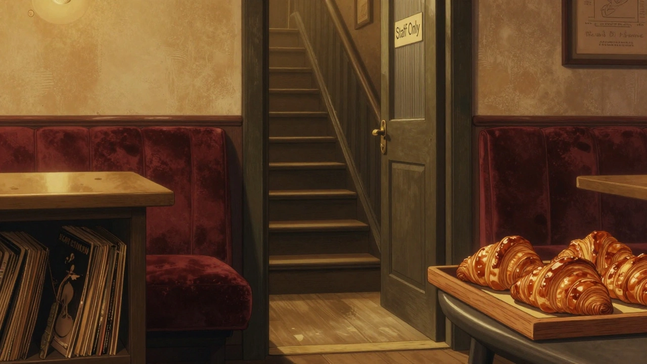 A secret entrance behind a bakery leading down a staircase to a cozy speakeasy bar.