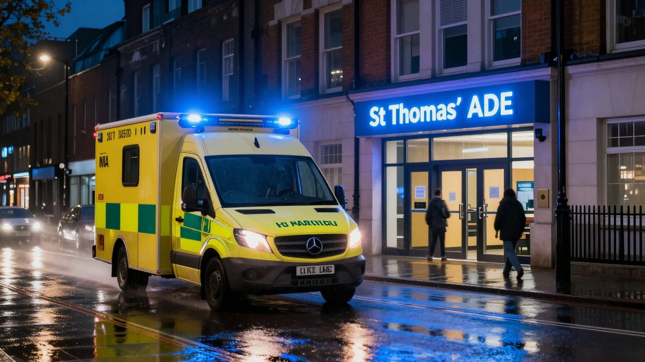 Ambulance rushing to St Thomas' Hospital A&amp;E in rainy London night.