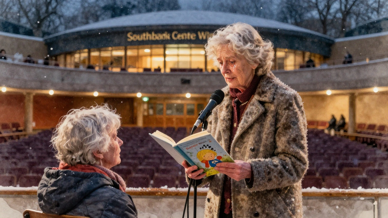 An elderly woman tells a moving story at a winter literary event, snow falling softly in a warm, quiet hall.