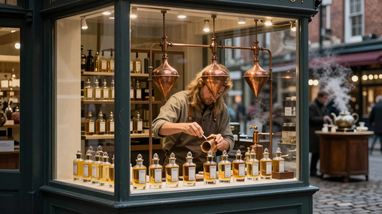 Artisan bottling Penhaligon’s perfume in a glass-walled workshop in Covent Garden.