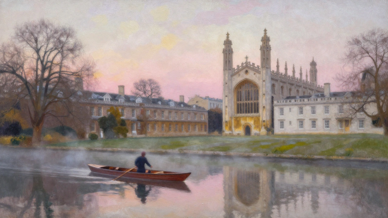 Cambridge's Backs along the River Cam at dawn with a drifting punt and chapel reflections.