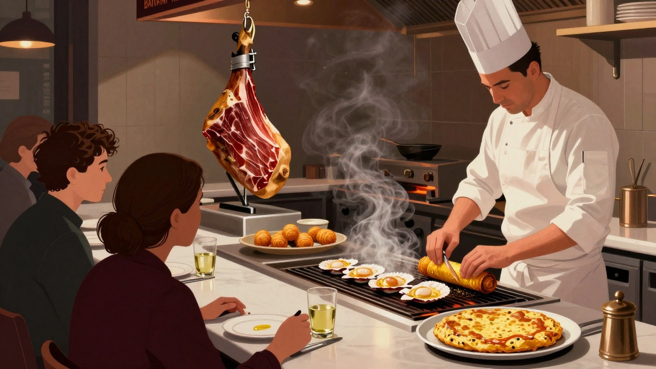 Chefs preparing tapas at an open kitchen counter, jamón hanging behind, diners seated closely at a wooden bar.