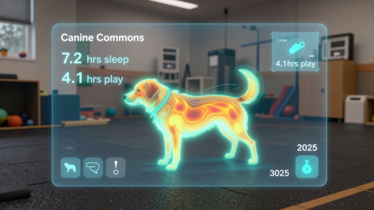 Digital overlay showing activity and sleep data of a dog monitored by AI in a daycare.