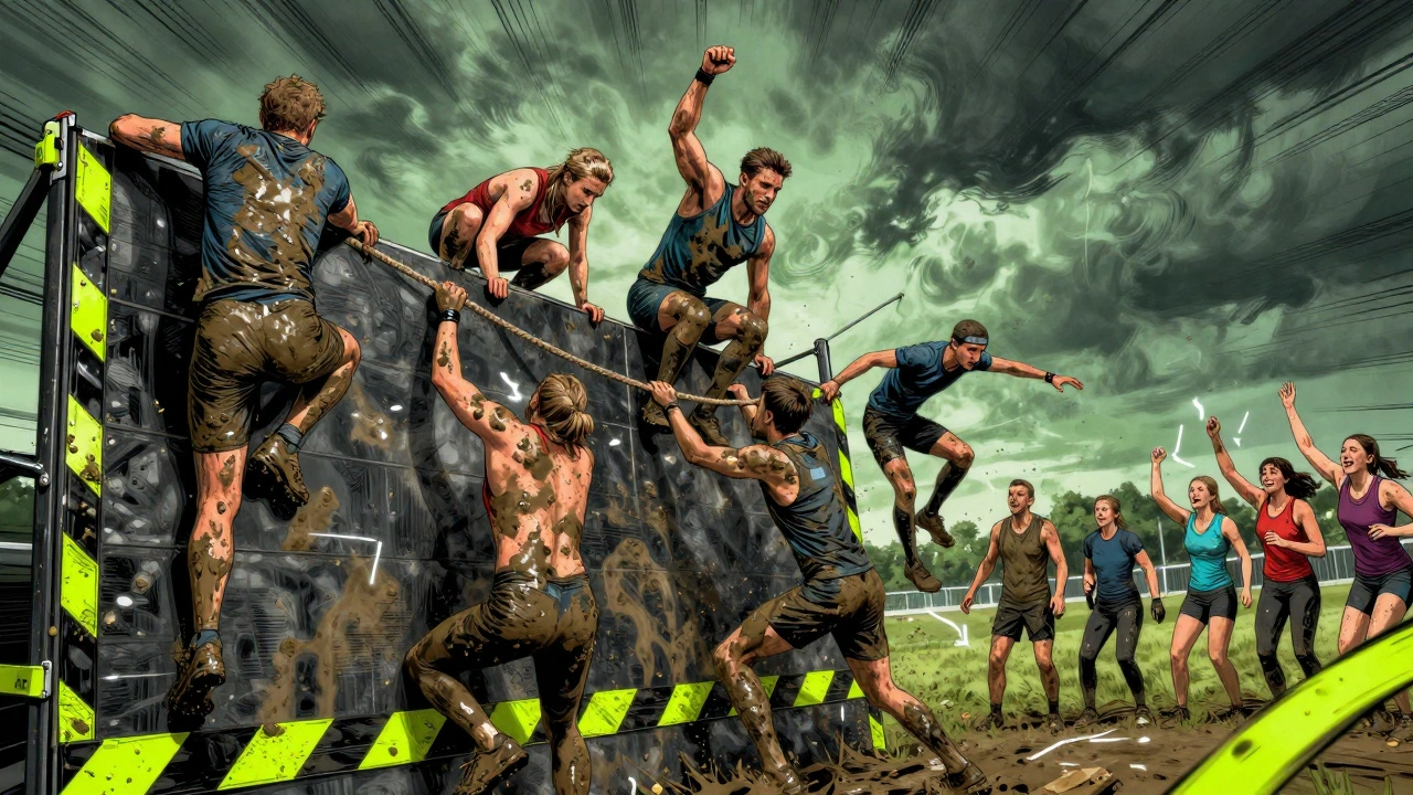 Diverse participants tackling mud walls and electric shocks in the London Obstacle Race with dramatic motion.