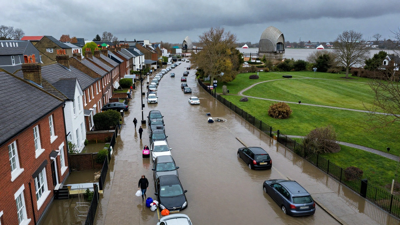 Flooded streets in Lewisham with water rising around homes, contrasted by emerging green infrastructure.