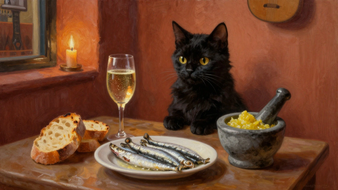 Fresh anchovies and homemade alioli on grilled bread, sparkling wine glass glowing in candlelit Spanish bodega.