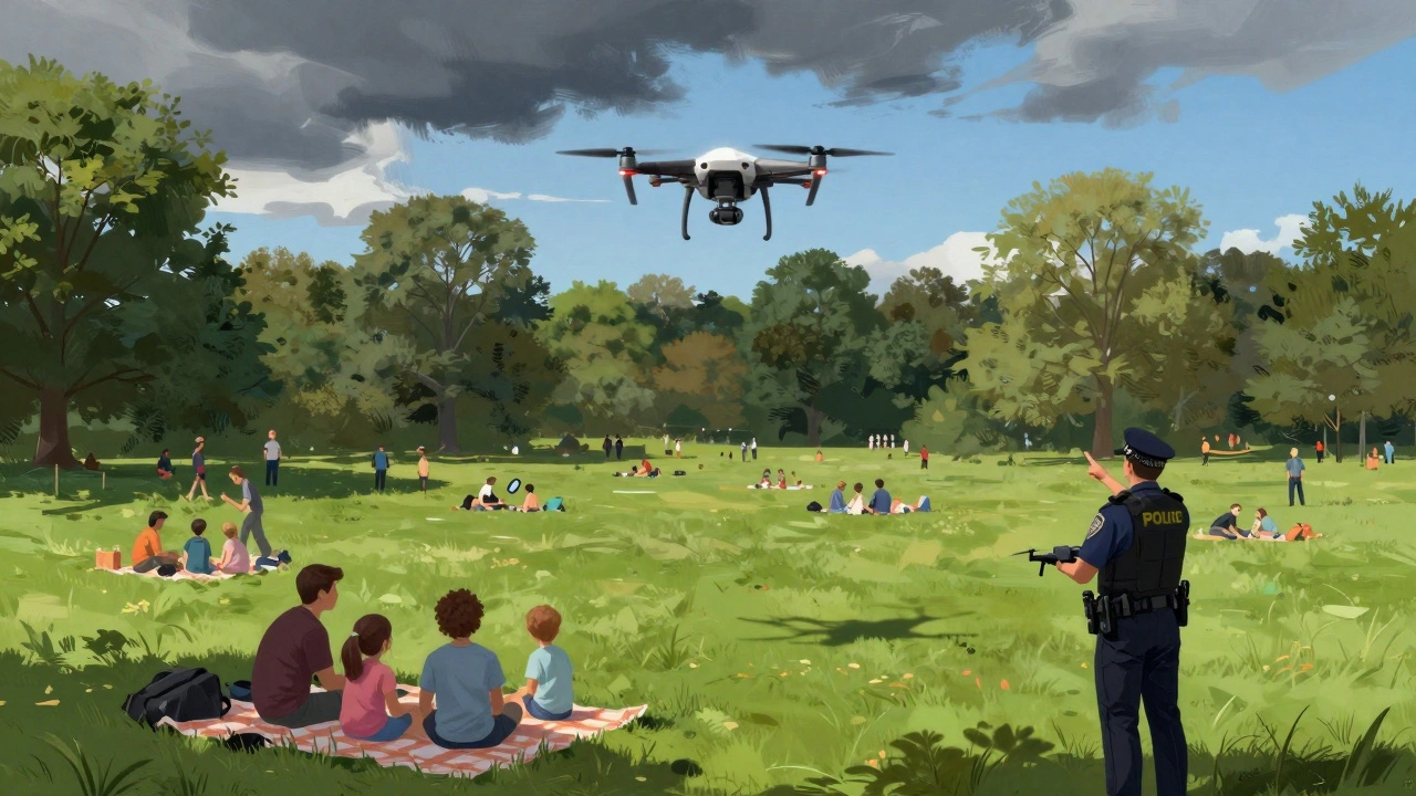 Illegal drone hovering over a park picnic as warden points upward, police holding confiscated drone.