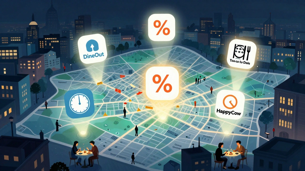 Map of London with five app icons floating above neighborhoods, radiating discount symbols.