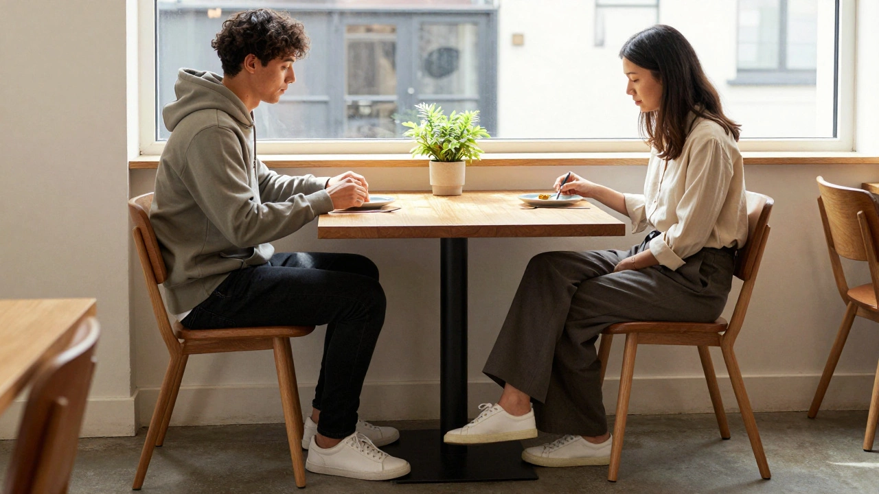 Minimalist dining scene in Shoreditch with quiet, intentional casual attire.