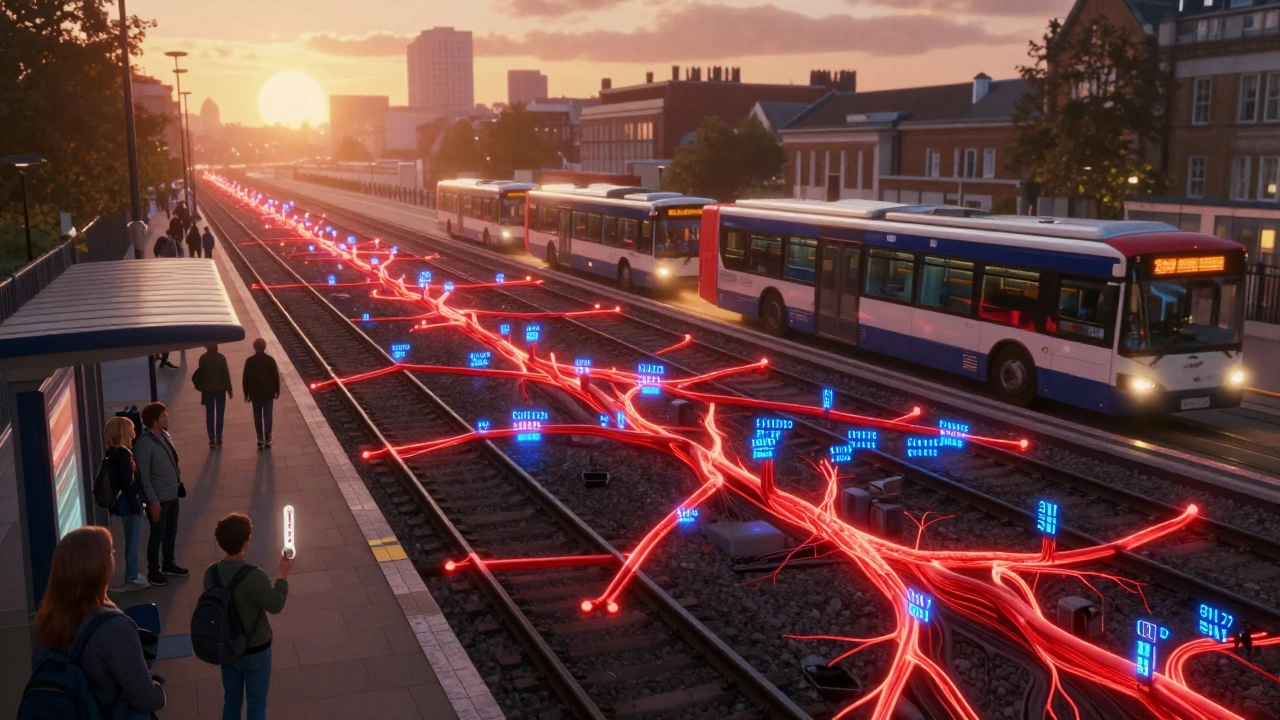 Overheated London Underground network with limited cooling, alongside struggling electric buses in scorching heat.