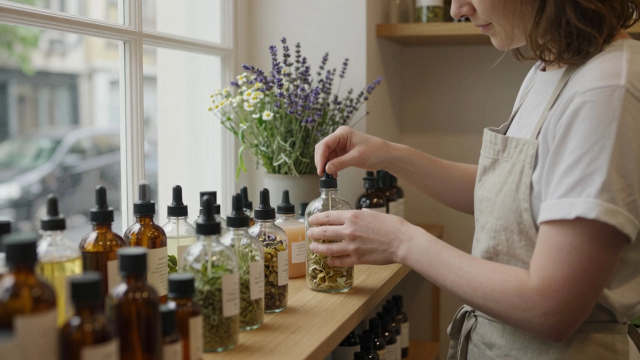 Owner hand-pouring refillable botanical cleansers at Earth Apothecary in Notting Hill.
