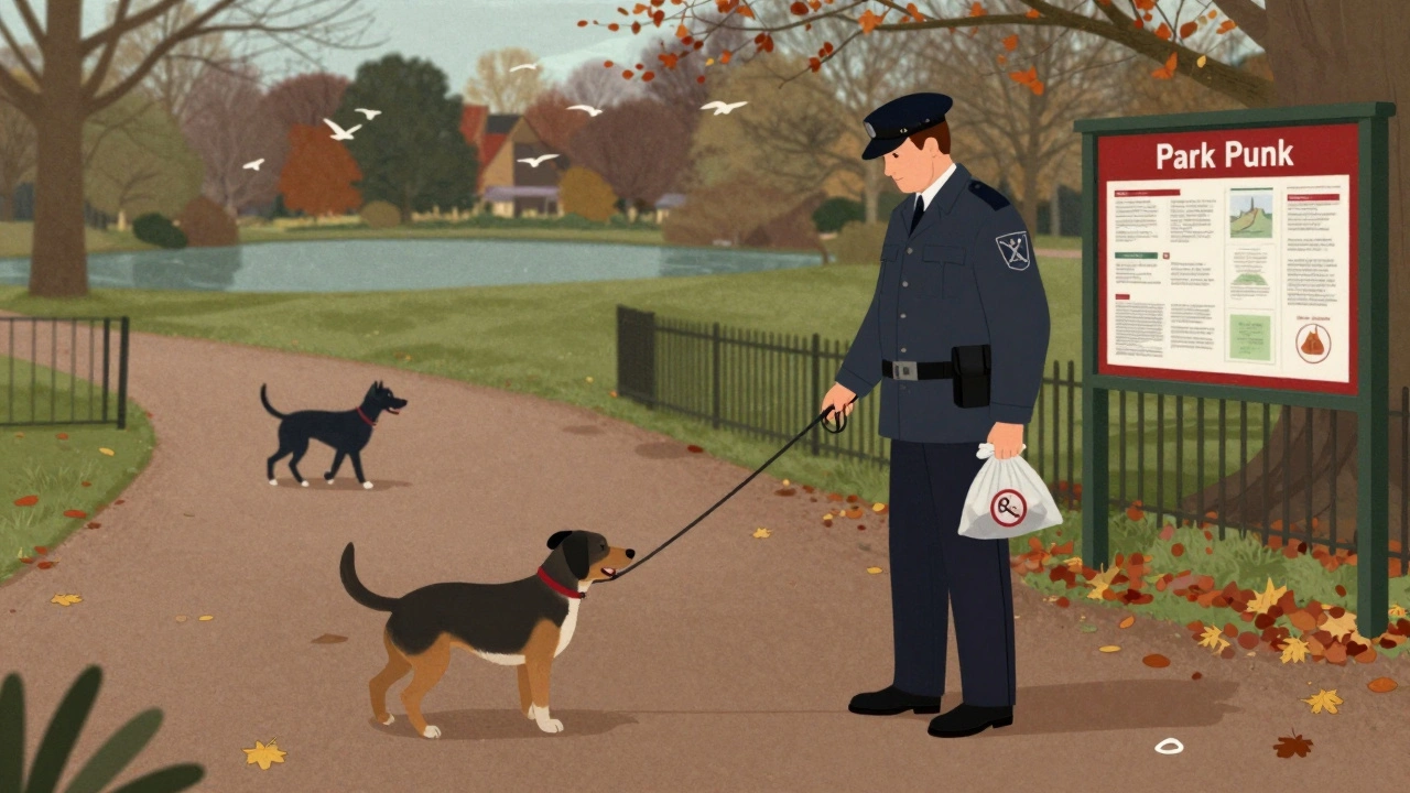 Park warden reminding dog owner to pick up pet waste in Hampstead Heath with dogs nearby.