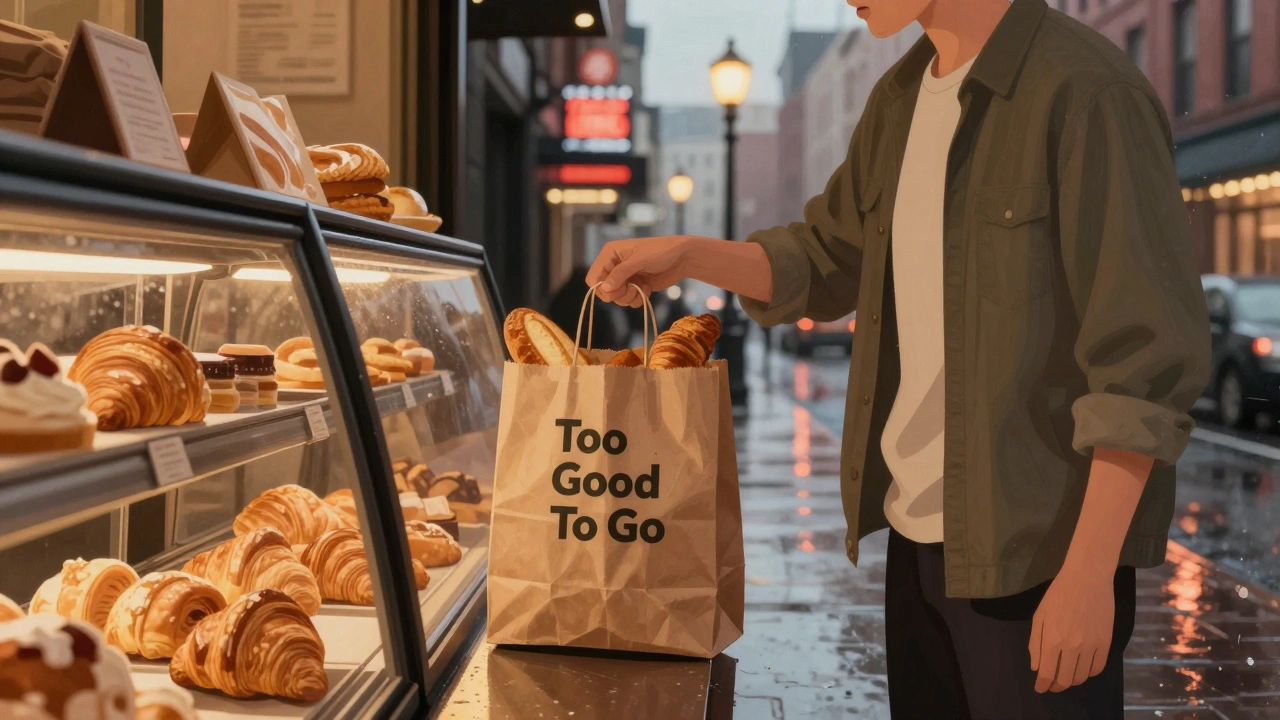 Person collecting a surprise food bag from a bakery at dusk with pastries visible inside.