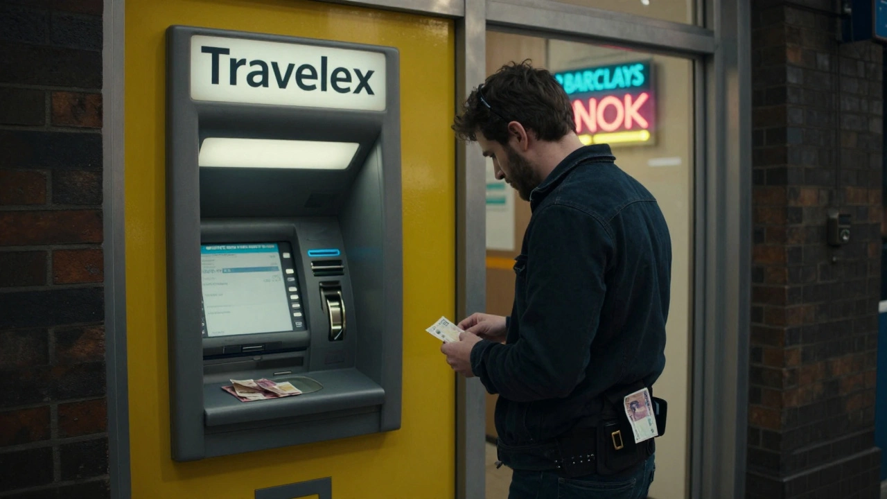 Person withdrawing cash from a Barclays ATM in a quiet bank branch