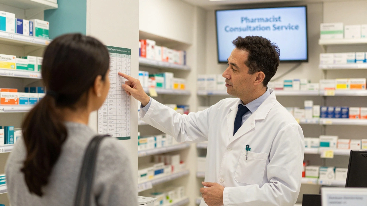 Pharmacist helping a visitor with medical advice in a London pharmacy.