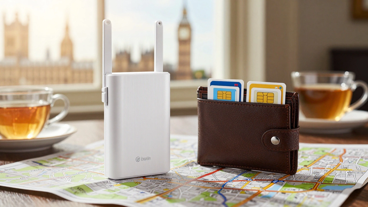 Portable Wi-Fi hotspot and SIM cards on a pub table with tea and London view in distance.