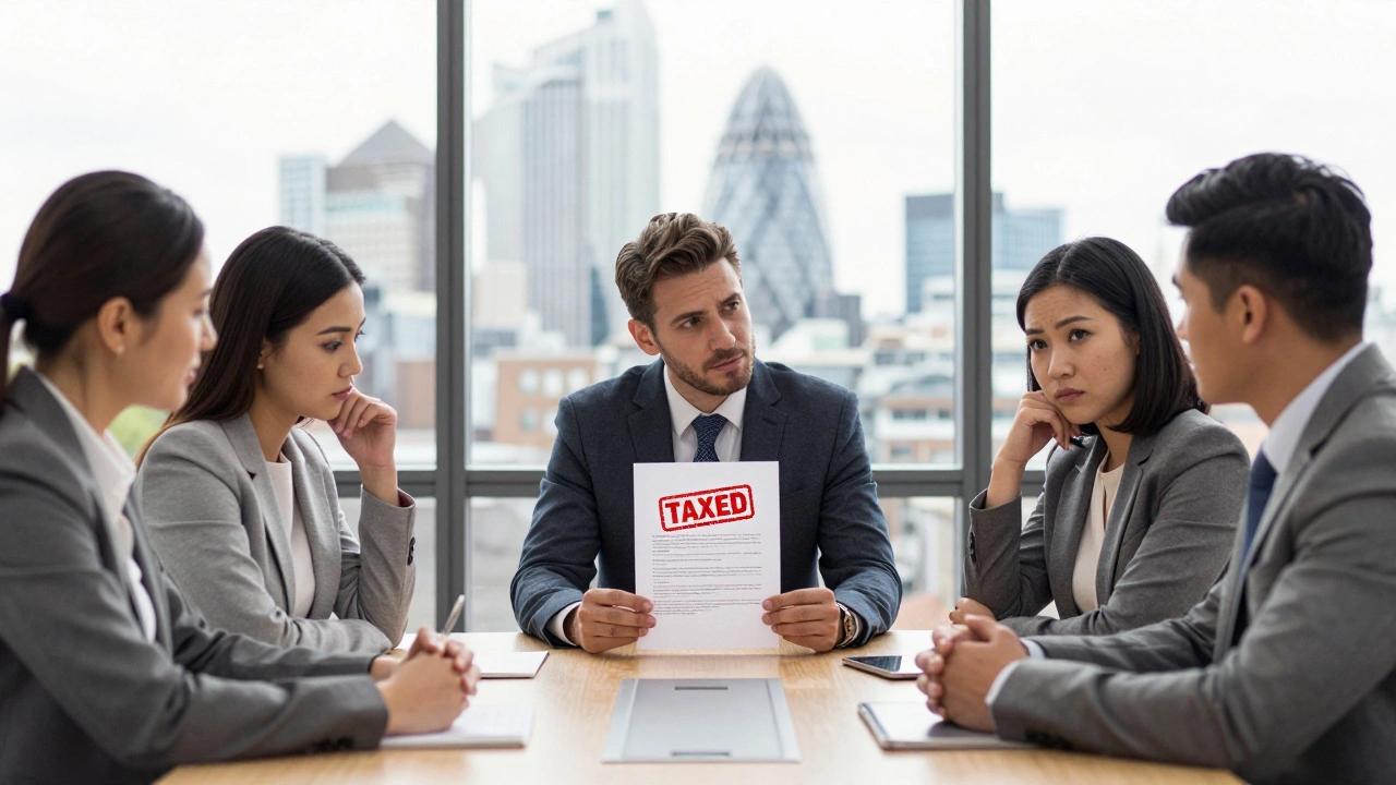 Professionals at a corporate meeting reviewing a relocation document with a tax warning.