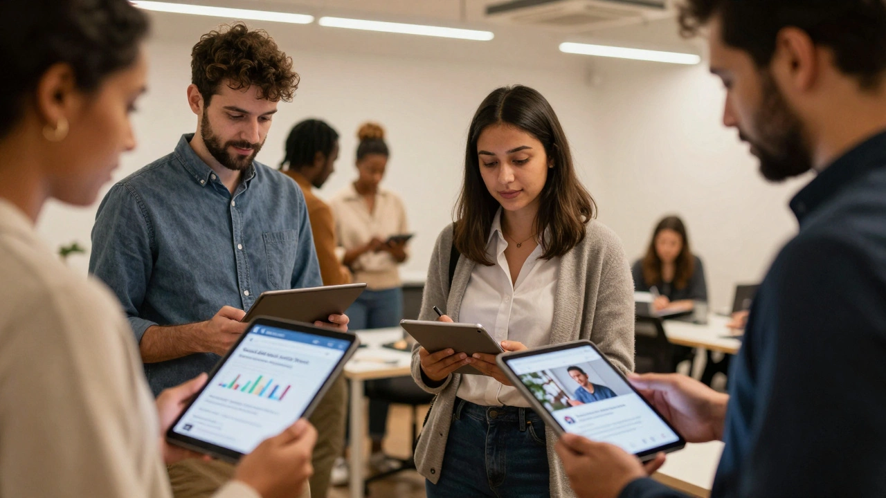 Professionals in London co-working space sharing insights from their active LinkedIn posts.