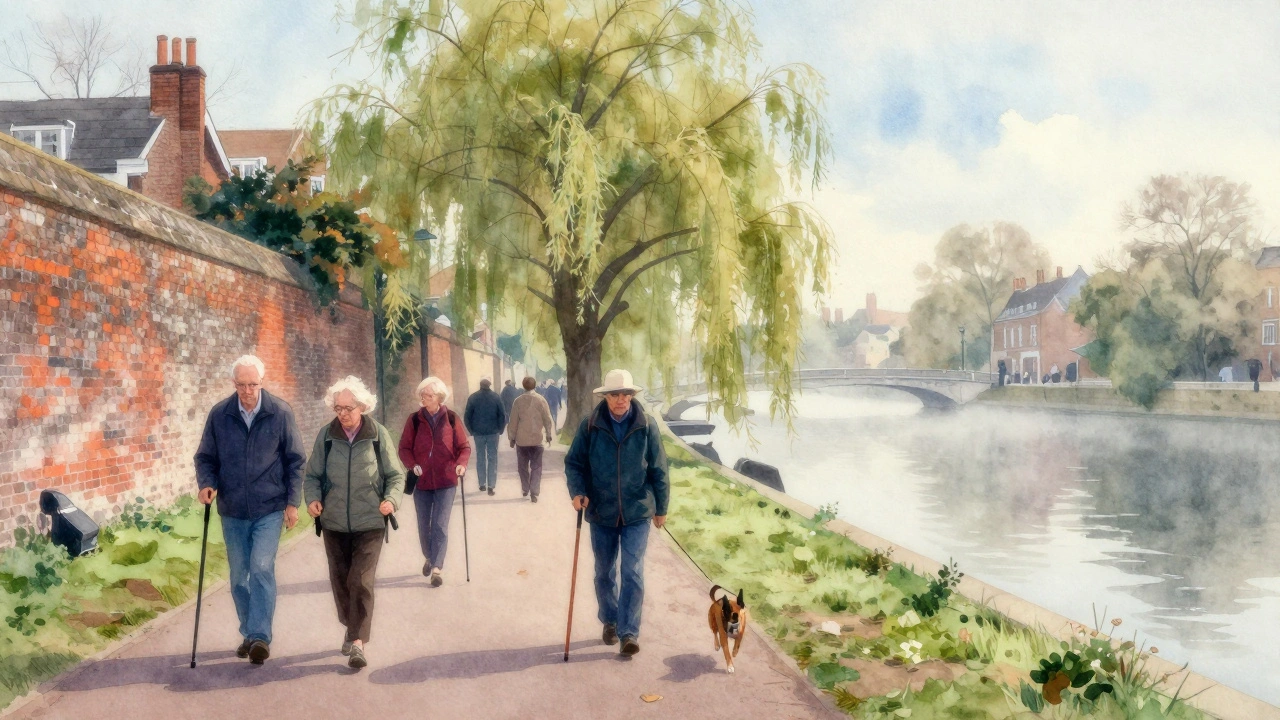 Quiet group of walkers along the Thames Path at sunrise, using sticks and walking together peacefully.
